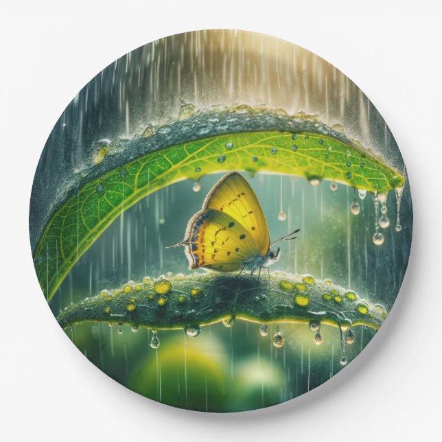 Gelbe Schmetterling in einer Regendusche Pappteller (Vorderseite)
