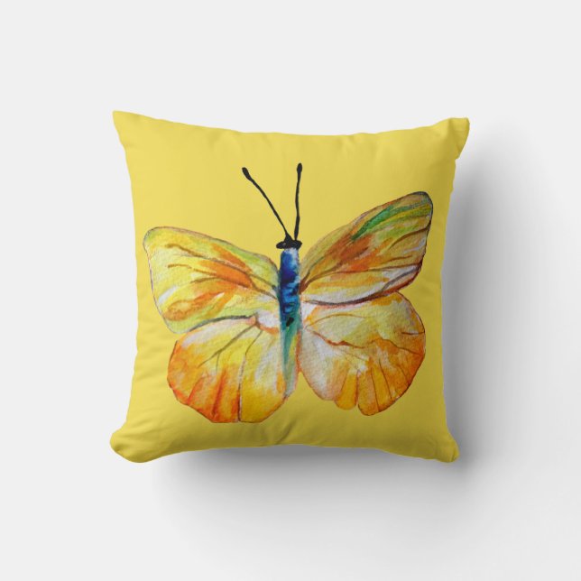 Gelbe Schmetterling Wasserfarbe zeichnend Kissen (Vorderseite)