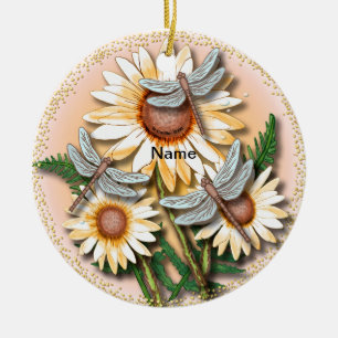 Gelbe Schmetterlings-Libelle Gänseblümchen Keramik Ornament