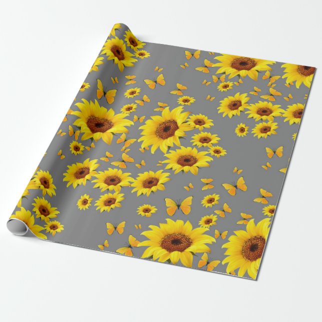 GELBE SCHMETTERLINGS-LIEBE-SONNENBLUMEN GESCHENKPAPIER (Ungerollt)