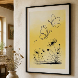Gelbe Schmetterlings-Linienzeichnung Poster