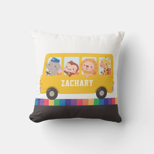 Gelbe Schulbus mit Niedlichen Tieren Kinder Kissen (Vorderseite)