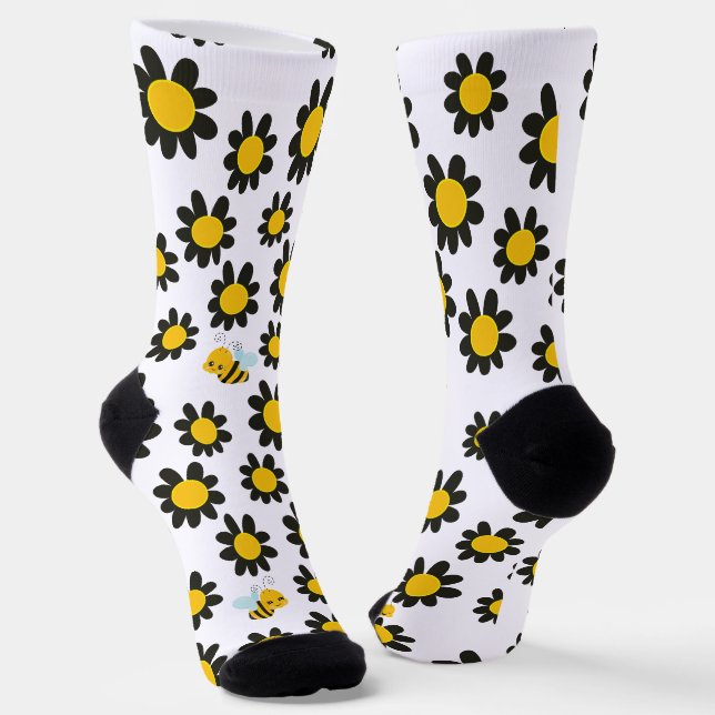 Gelbe schwarze Blume Muster mit Bienen Socken (Gewinkelt)