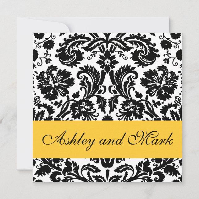 Gelbe schwarze Flora Damask Hochzeitsempfang Einladung (Vorderseite)