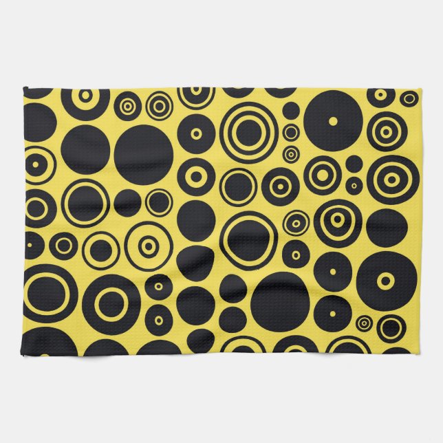 Gelbe, schwarze Retro-Kreise Geschirrtuch (Horizontal)