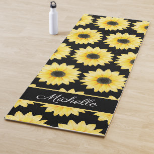 Gelbe schwarze Sonnenblumen Wasserfarben Muster Cu Yogamatte