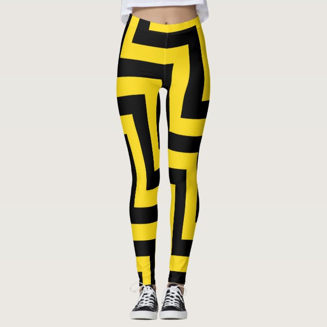 Gelbe schwarze Zickzack geometrische Dagonal Leggings (Vorderseite)