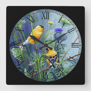 Gelbe Singvögel spielen römische Zahlen Quadratische Wanduhr