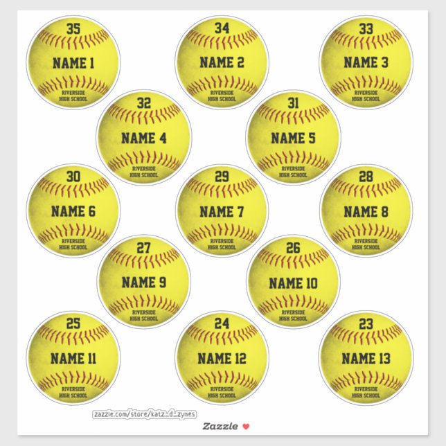 Gelbe Softballs Set von 13 Spielernamen Aufkleber (Blatt)
