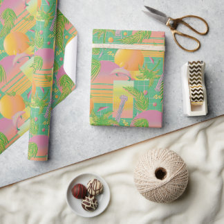 Gelbe Sommeraporwave Sonnenuntergang und Palmen Geschenkpapier