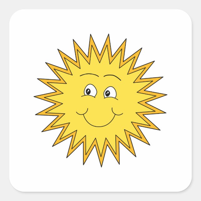 Gelbe Sommersonne mit einem glücklichen Gesicht. Quadratischer Aufkleber (Vorderseite)
