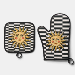 Gelbe Sonne mit Gesicht Ofenhandschuh & Topflappen-Set
