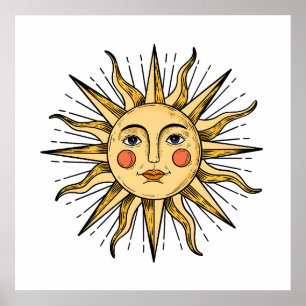 Gelbe Sonne mit Gesicht Poster