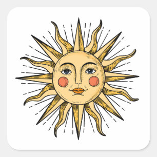 Gelbe Sonne mit Gesicht Quadratischer Aufkleber