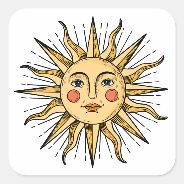 Gelbe Sonne mit Gesicht Quadratischer Aufkleber (Vorderseite)