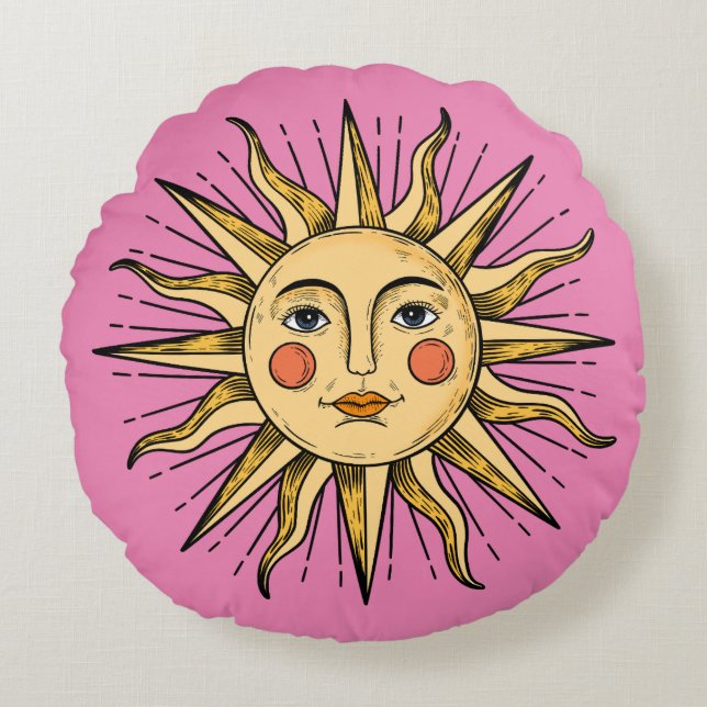 Gelbe Sonne mit Gesicht Rundes Kissen (Vorderseite)