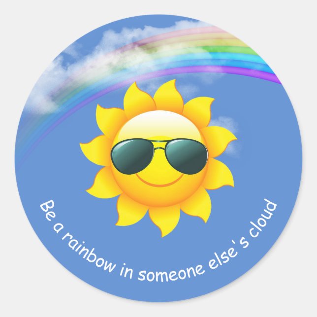 Gelbe Sonne mit Sonnenbrille und Regenbogen Runder Aufkleber (Vorderseite)