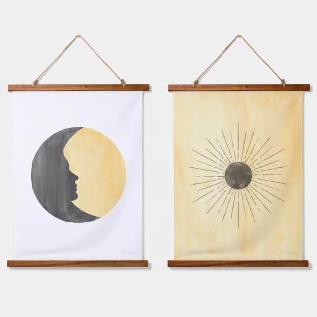 Gelbe Sonne und Mond Wandteppich Mit Holzrahmen (Doppelt)