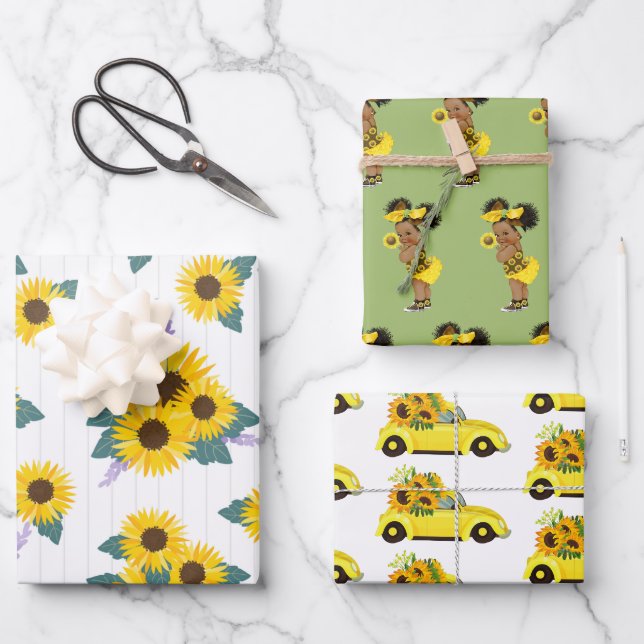 Gelbe Sonnenblume |Adortable Ethnic Girl| Blumenwa Geschenkpapier Set (Vorderseite)