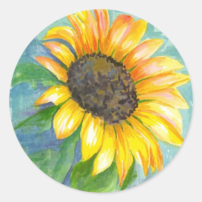 Gelbe Sonnenblume Aquarellmalerei Runder Aufkleber (Vorderseite)