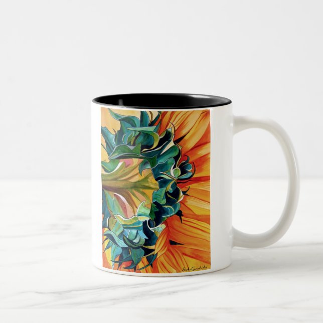 Gelbe Sonnenblume Aquarellmalerei Zweifarbige Tasse (Rechts)