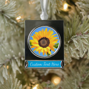 Gelbe Sonnenblume auf blauem Himmel Ihr Text Banner-Ornament Silber