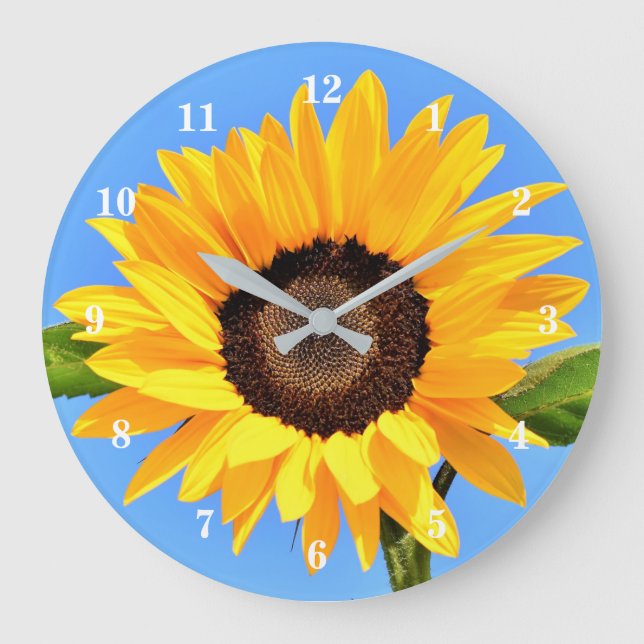 Gelbe Sonnenblume auf blauem Himmel - Sommer Große Wanduhr (Vorderseite)