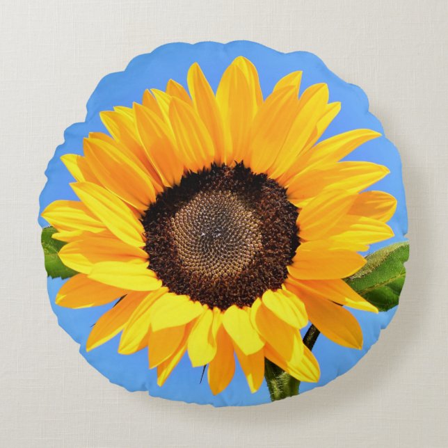 Gelbe Sonnenblume auf blauem Himmel - Sommer Rundes Kissen (Vorderseite)