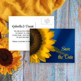 Gelbe Sonnenblume auf blauer Hochzeit Das Datum sp Ankündigungspostkarte