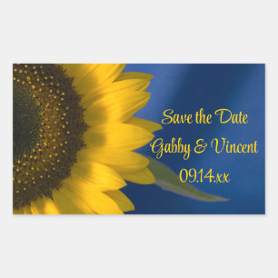 Gelbe Sonnenblume auf blauer Hochzeit Das Datum sp Rechteckiger Aufkleber