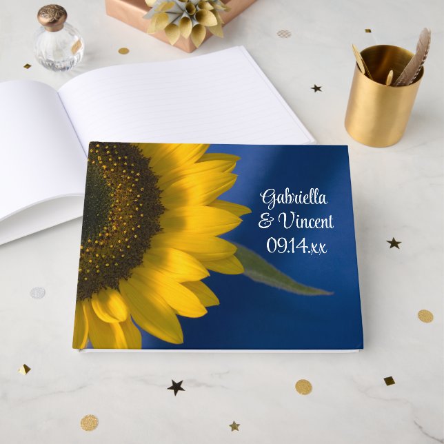 Gelbe Sonnenblume auf Blauer Hochzeit Gästebuch (Vorderseite Offen)