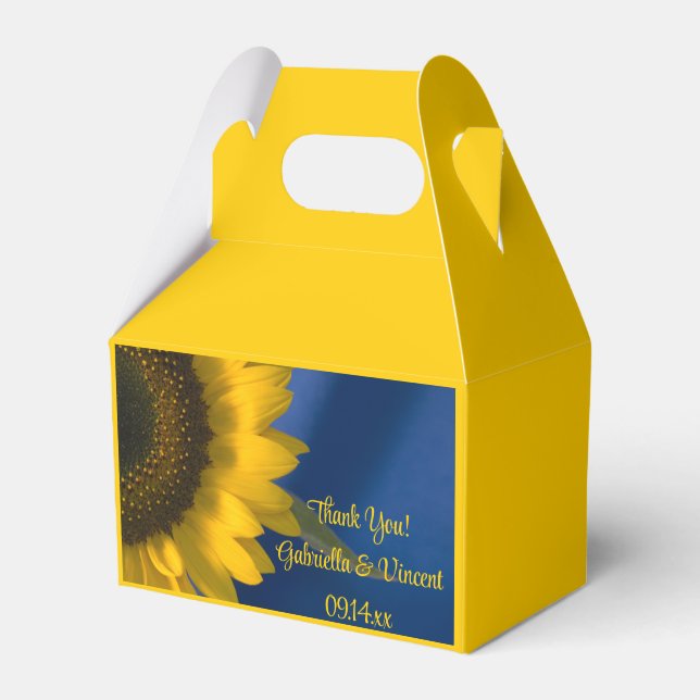 Gelbe Sonnenblume auf Blauer Hochzeit Geschenkschachtel (Vorderseite)