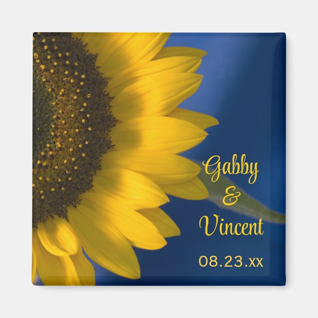Gelbe Sonnenblume auf Blauer Hochzeit Magnet (Vorne)