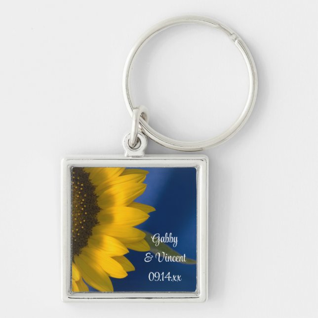 Gelbe Sonnenblume auf Blauer Hochzeit Schlüsselanhänger (Vorne)