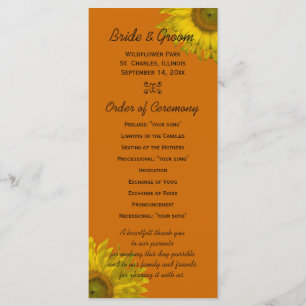 Gelbe Sonnenblume auf dem Orangen Hochzeitsprogram Programm