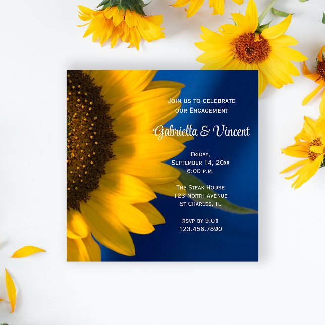 Gelbe Sonnenblume auf der Blauen Engagement Party Einladung (Von Creator hochgeladen)