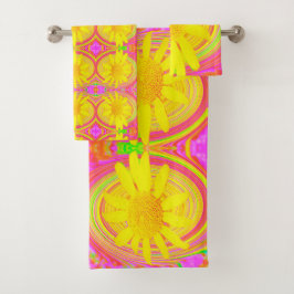 Gelbe Sonnenblume auf einem psychedelischen Swirl Badhandtuch Set