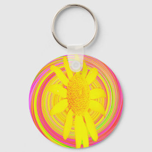 Gelbe Sonnenblume auf einem psychedelischen Swirl Schlüsselanhänger