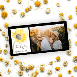 Gelbe Sonnenblume auf einer Hochzeit mit weißem Wa Dankeskarte