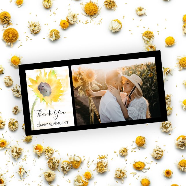 Gelbe Sonnenblume auf einer Hochzeit mit weißem Wa Dankeskarte (Von Creator hochgeladen)