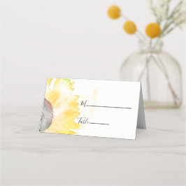Gelbe Sonnenblume auf einer Hochzeit mit weißem Wa Platzkarte