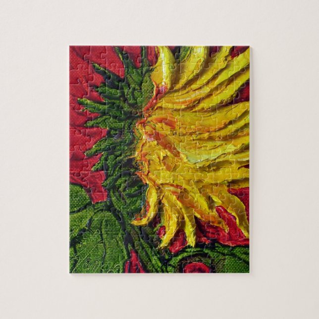 Gelbe Sonnenblume auf rotem Puzzlen (Vertikal)