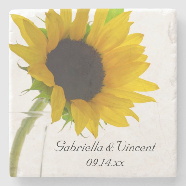 Gelbe Sonnenblume auf weißer Hochzeit Steinuntersetzer (Vorderseite)