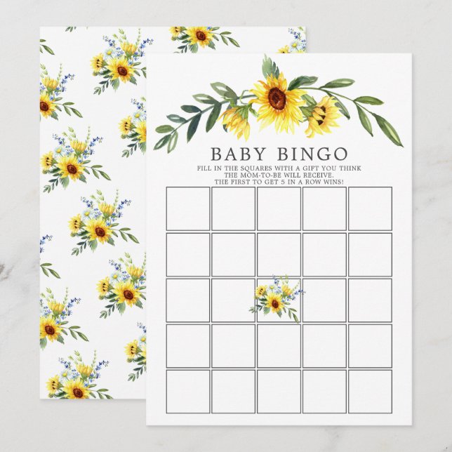 Gelbe Sonnenblume BINGO Babydusche Spiel Einladung (Vorne/Hinten)