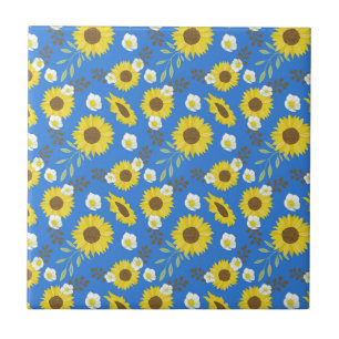 Gelbe Sonnenblume Blaue Hintergrundblume Floral Fliese