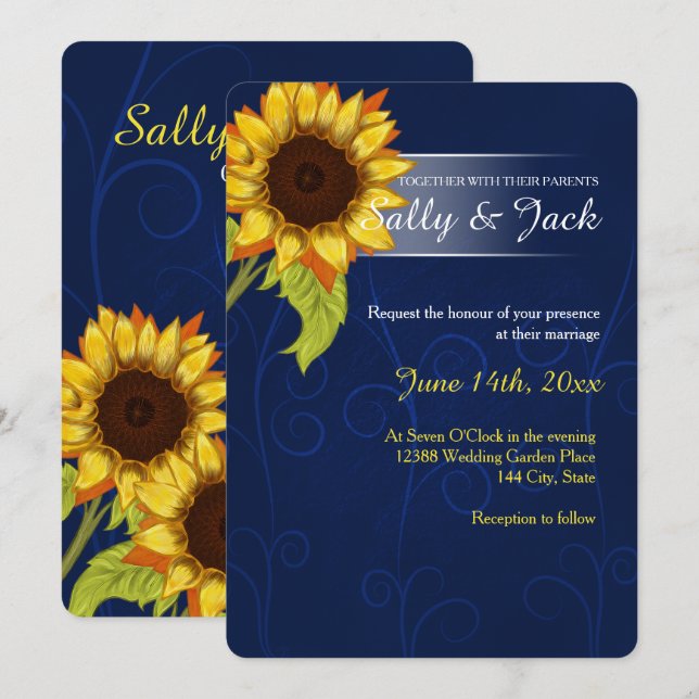 Gelbe Sonnenblume/blaue Hintergrundhochzeit Einladung (Vorne/Hinten)