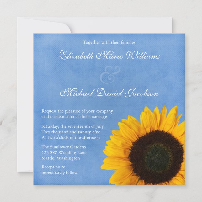 Gelbe Sonnenblume Blauer Himmel Hochzeit Einladung (Vorderseite)