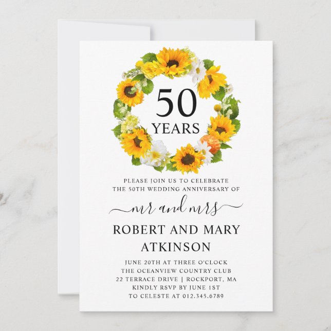 Gelbe Sonnenblume Blüte 50. Hochzeitstag Einladung (Vorderseite)