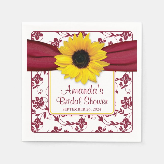Gelbe Sonnenblume Burgund Personalisierte Hochzeit Serviette (Vorderseite)