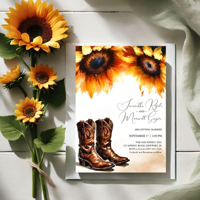 Gelbe Sonnenblume Cowboy Boots Einladung Hochzeit (Sunflower and cowboy boots wedding invitations for western barn weddings)